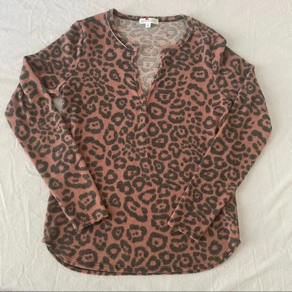 Leopard Print Thermal Long Sleeve Top Notch Neck Soft Stretchy Loungewear M - Picture 2 of 5
